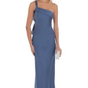 Lucy in the Sky Satin One Shoulder Tassel Maxi Dress